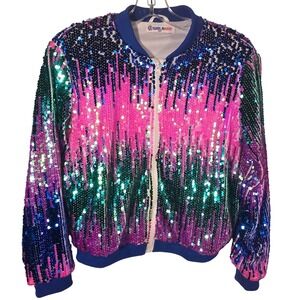 Welaken Kids Girls Sequin Bomber Jacket Rainbow Sparkle Zip Up Funky Size 10Y